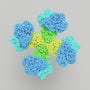 a bunch of blue and green flowers on a gray background