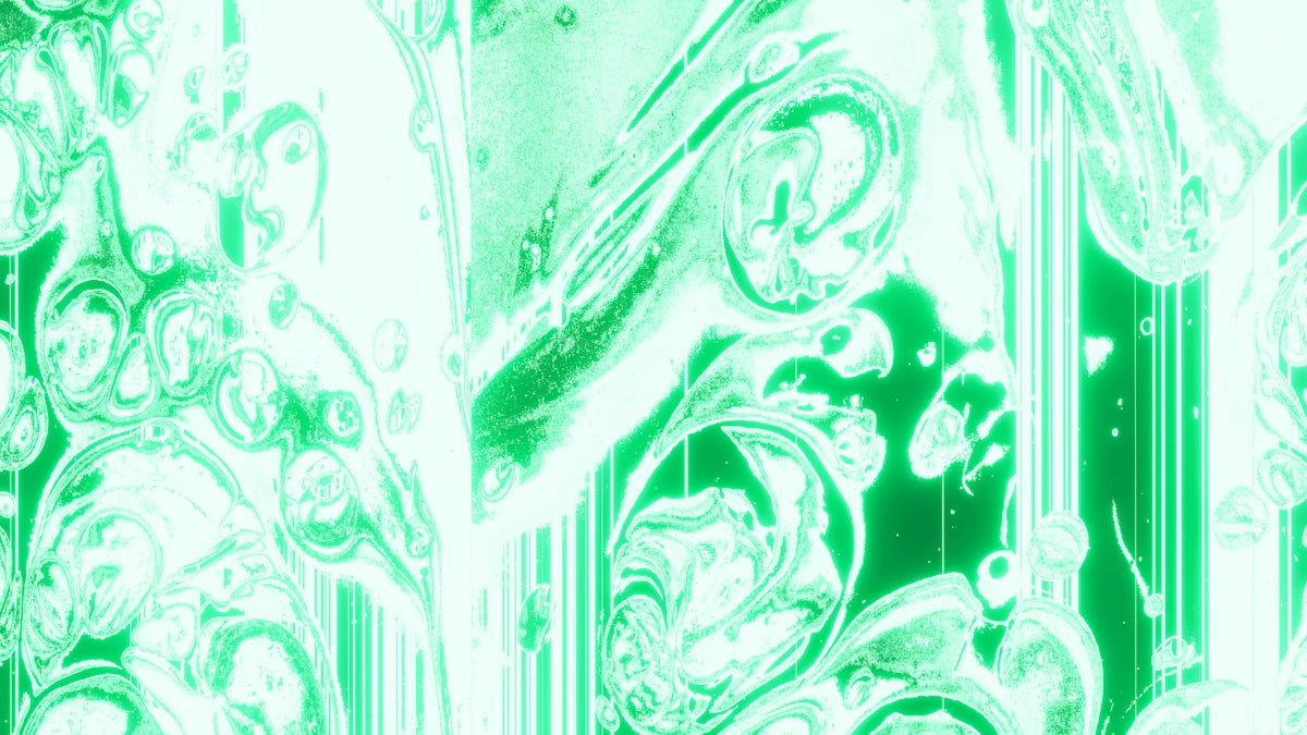 Abstract, swirling green shapes fill the frame.