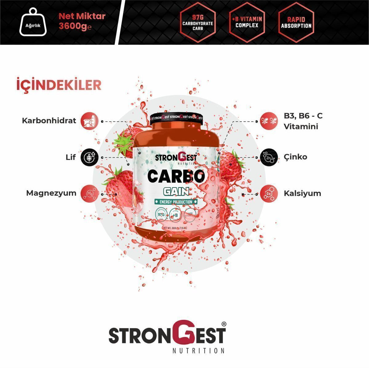 Carbo Gainer 3600 gr Kilo Almaya Yardımcı Yüksek Karbonhidrat Değerli Çilek Aromalı