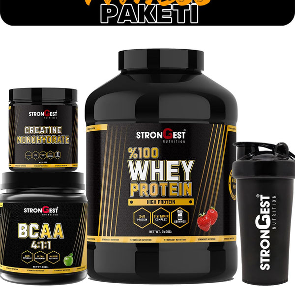 XXL Fitness Paketi, Çilekli Whey Protein, Creatin, Bcaa Ve Shaker Dörtlü Kombinasyon
