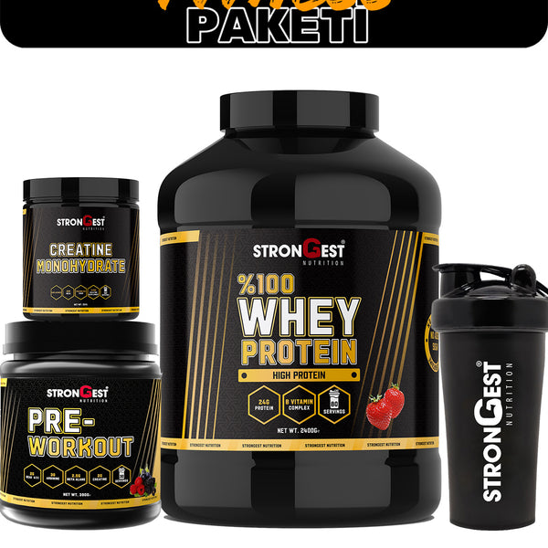 XXL Fitness Paketi, Çilek Aromalı Whey Protein, Creatin, Preworkout Ve Shaker Dörtlü Kombinasyon