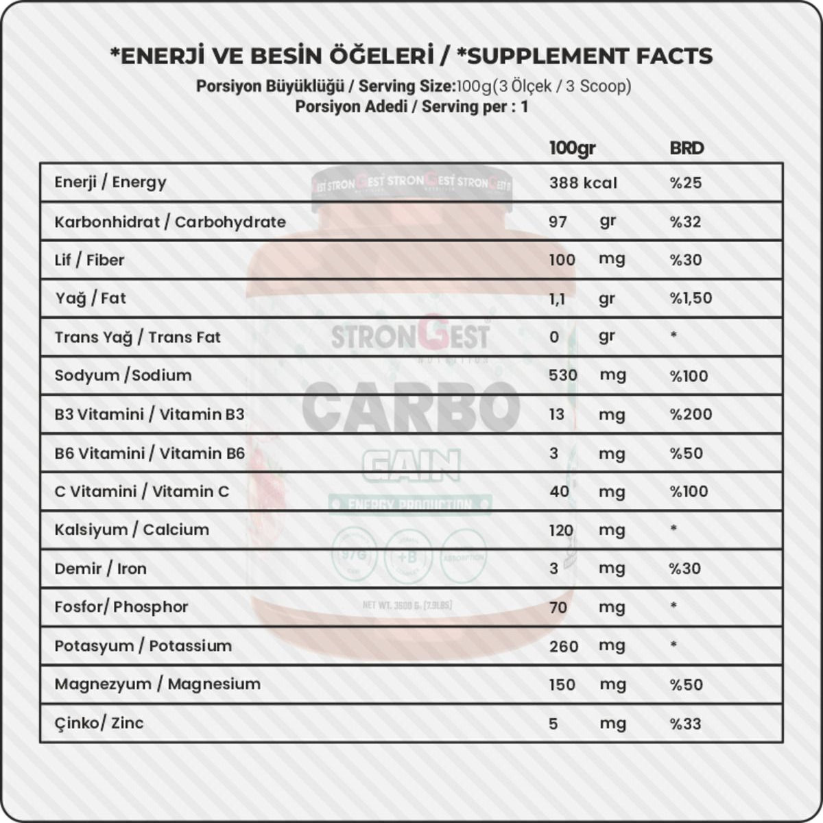 Carbo Gainer 3600 gr Kilo Almaya Yardımcı Yüksek Karbonhidrat Değerli Çilek Aromalı