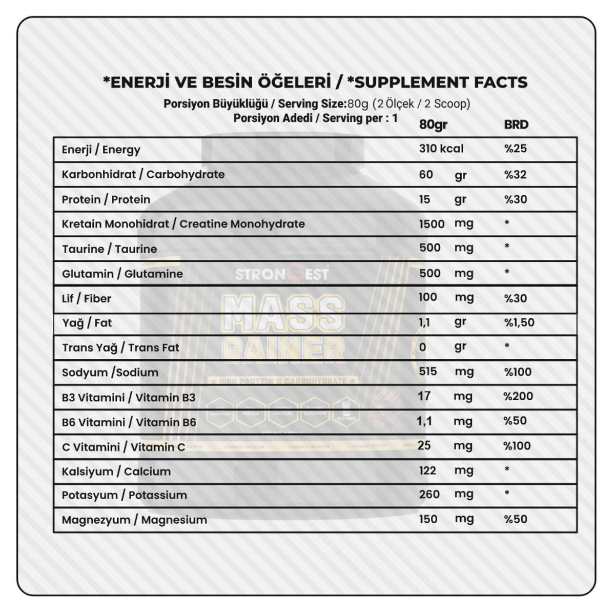 Mass Gainer 4000gr 50 Servis Yüksek Protein Değerli, Kreatin Ve Amino Asit Takviyeli