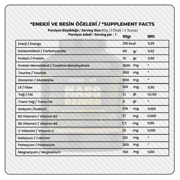 Mass Gainer 4000gr 50 Servis Yüksek Protein Değerli, Kreatin Ve Amino Asit Takviyeli
