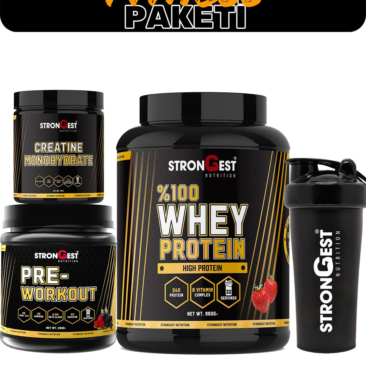 Fitness Paketi, Çilek Aromalı Whey Protein, Creatin, Preworkout Ve Shaker Dörtlü Kombinasyon