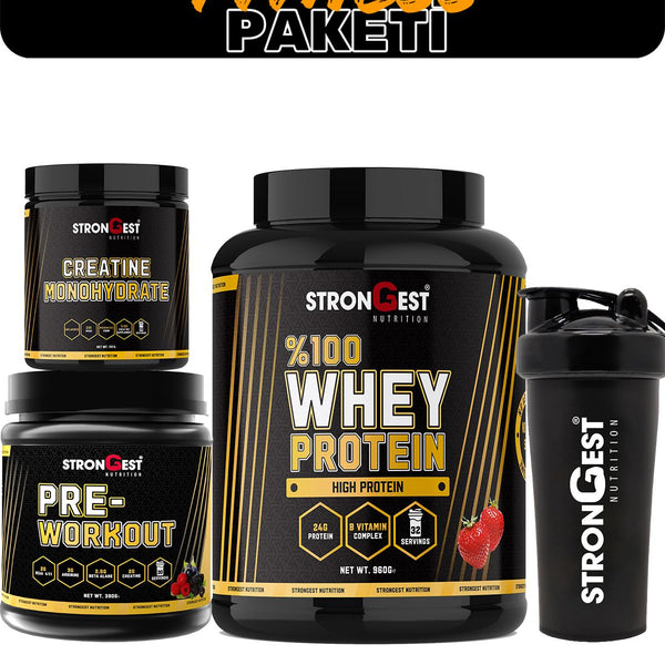 Fitness Paketi, Çilek Aromalı Whey Protein, Creatin, Preworkout Ve Shaker Dörtlü Kombinasyon