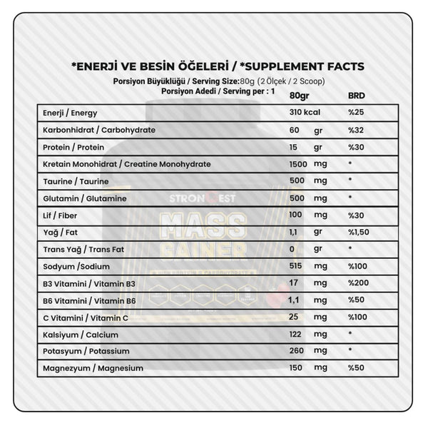 Mass Gainer 4000gr 50 Servis Yüksek Protein Değerli, Kreatin Ve Amino Asit Takviyeli